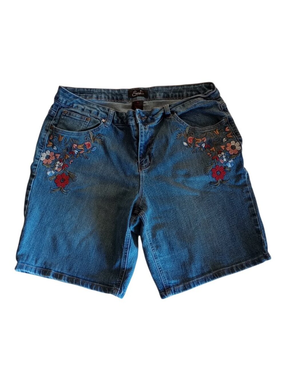 EARL Women's Floral Embroidered 5 Pocket Blue Denim Jean Shorts